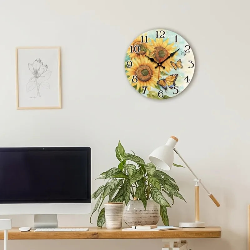 Silent 12-Inch Wall Clock with Sunflower & Butterfly Design - Battery Operated Home Decor