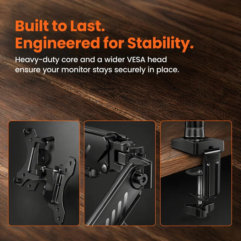 Adjustable Monitor Arm for 13-34 Inch Screens, Gas Spring Desk Mount, VESA Compatible, Clamp or Grommet Base