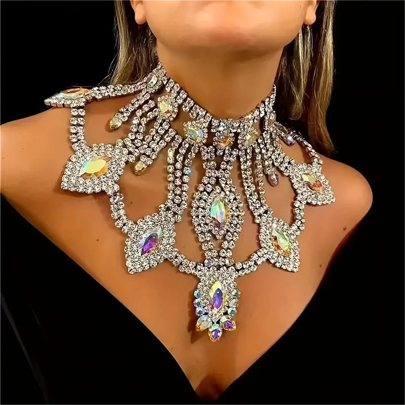 Exaggerated AB Crystal Pendant Necklace Bridal Wedding Party Jewelry