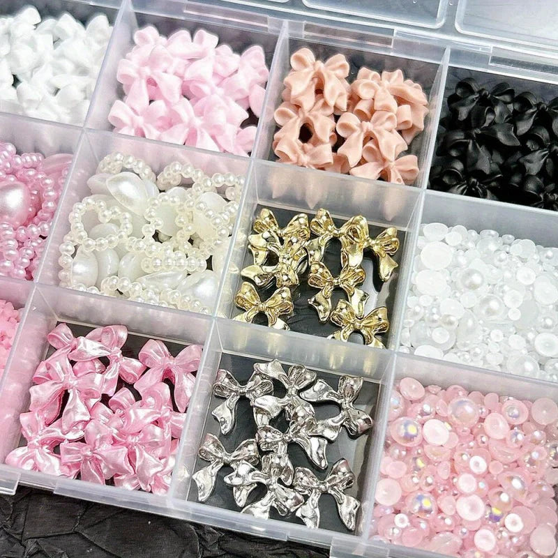 Nail Art Decorations Kit with Resin Bow Charms & Pearls - DIY Manicure Supplies