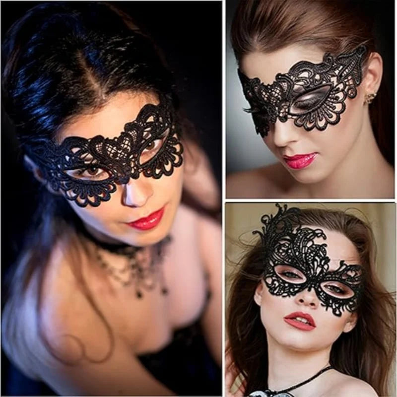 Halloween Lace Mask for Women Half Face Costume Party Mask - Black+Beige