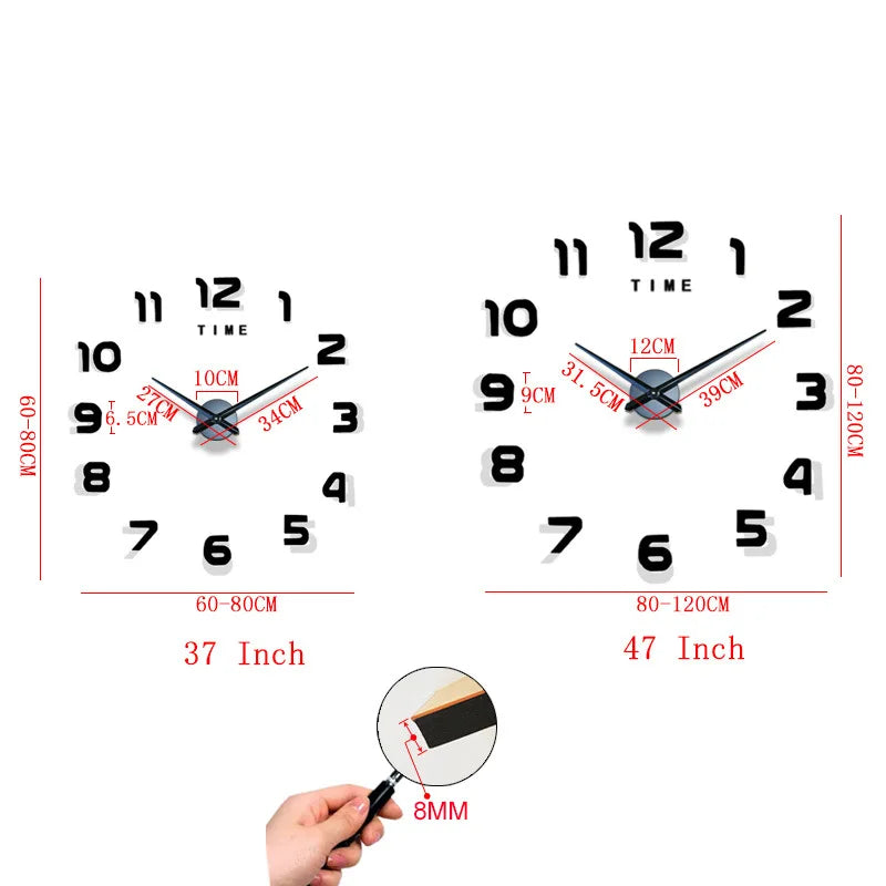 Large Modern Wall Clock with 3D Numbers & Frameless Design - DIY Acrylic Mirror Decor