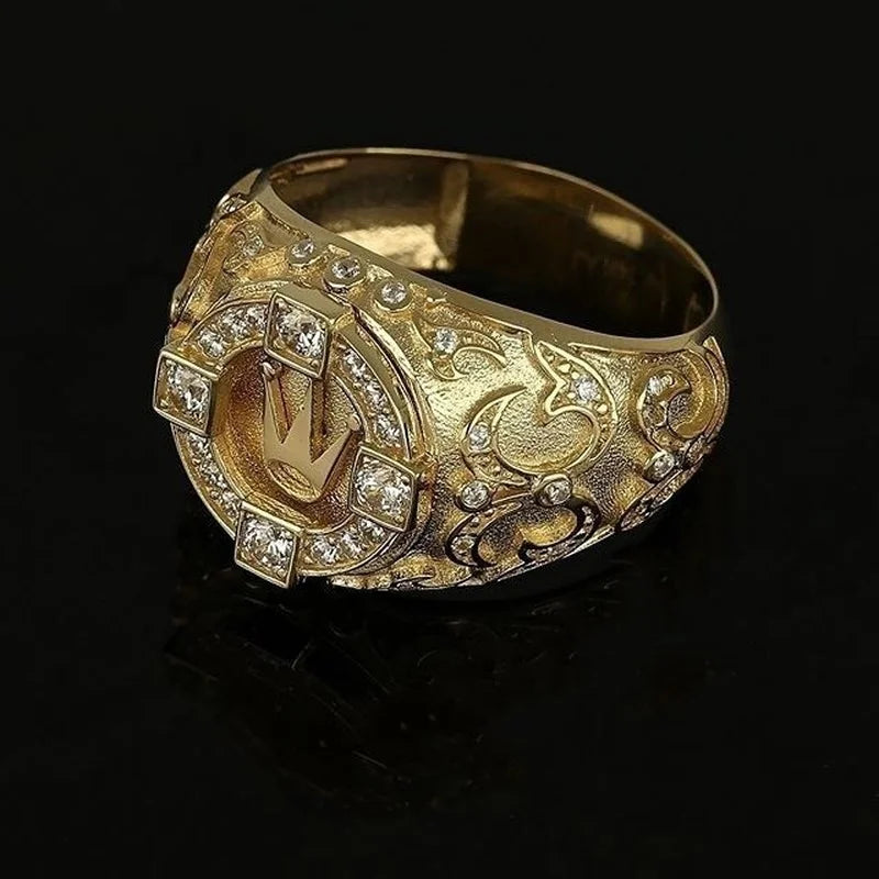 Men's Gold Color Cocktail Ring with White Zircon Inlay, Fashion Jewelry