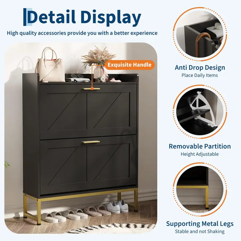 Narrow Shoe Cabinet with Flip Drawers, Adjustable Shelves, Dustproof Back - Freestanding Entryway Storage