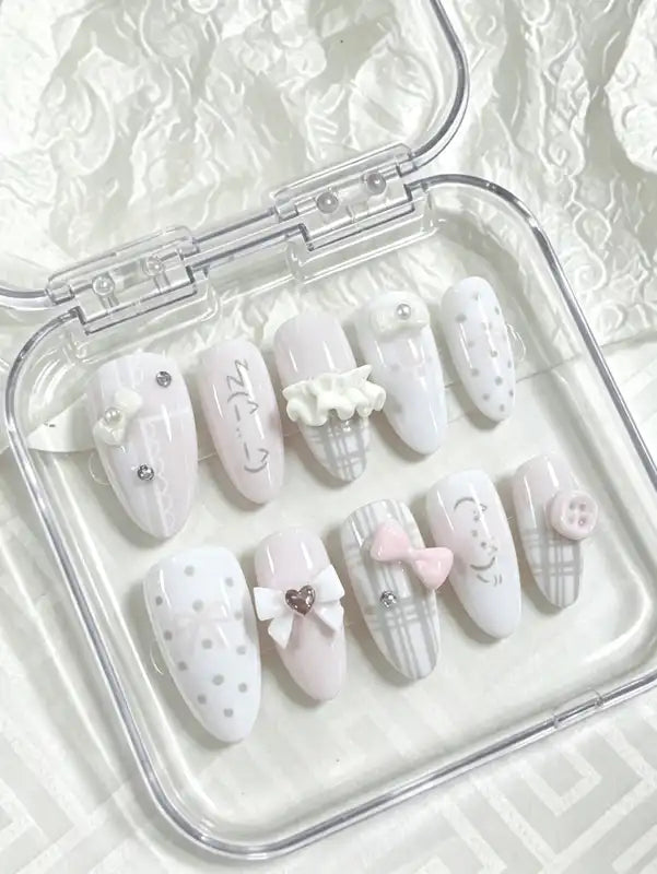 Full-Cover Nail Tips Set - Almond Shape, Pink & White Cherry Dots, 10 Pieces, Includes Glue & File