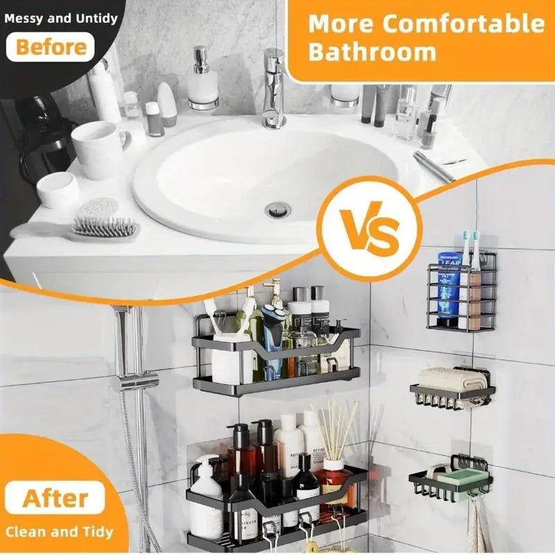 Adhesive Shower Organizer Set - Rustproof Stainless Steel Bathroom & Kitchen Storage Caddy