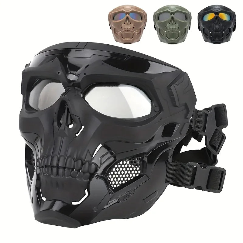 Windproof Full Face Skull Mask with Colored Goggles - Skeleton Cosplay Costume