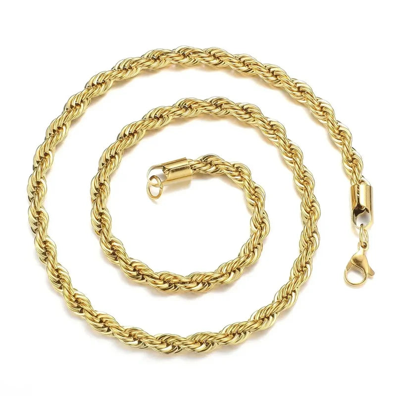 Gold Color Twisted Rope Chain Necklace Stainless Steel Waterproof Jewelry for Men Women