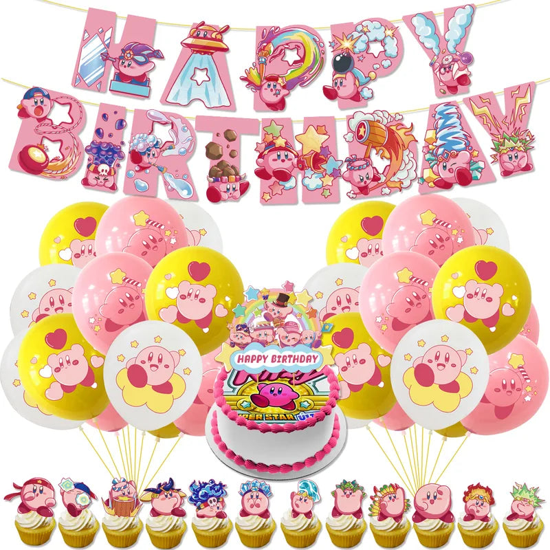 Disposable Birthday Party Cutlery and Plate Set with Banner and Balloons - Kirby Themed Celebration Supplies