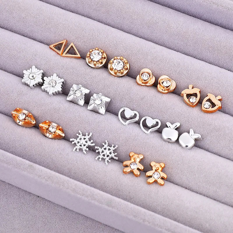 18Pairs Gold Silver Enamel Pearl Flower Heart Stud Earrings Set for Women Jewelry Gift