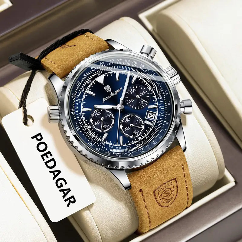 Luxury Men's Waterproof Luminous Chronograph Watch with Leather Strap