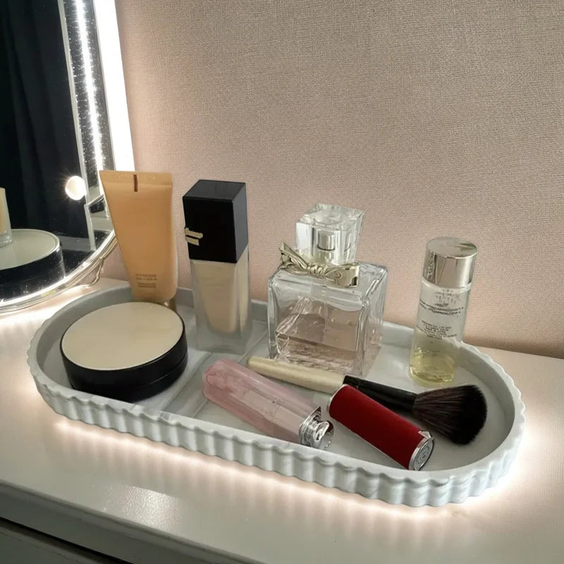 Oval Vanity Tray with Soap Dispenser and Jewelry Display Silicone Bathroom Organizer