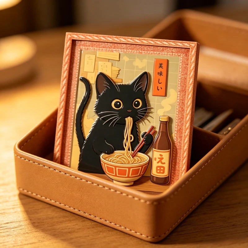 Mini Framed Black Cat Eating Ramen Magnet - Cute Japanese Cat Fridge Decor
