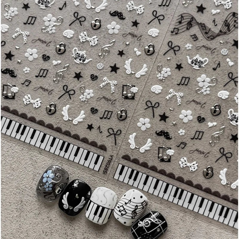 Music Style Nail Stickers - Piano Note Retro 3D Self-Adhesive Nail Art Decals