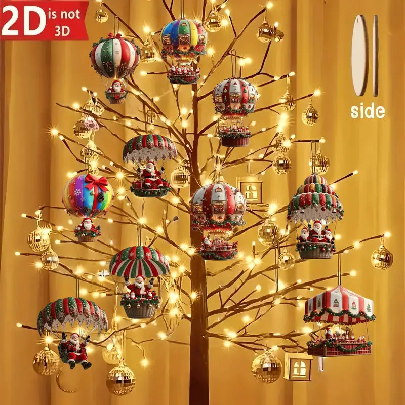 Set of 10 Santa Claus Parachute Wooden Hanging Ornaments Holiday Decorations