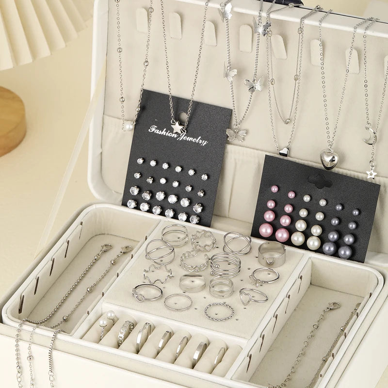 Vintage Jewelry Set with Imitation Pearls and Zircon Butterfly Pendant Earrings Necklace Ring Bracelet for Women