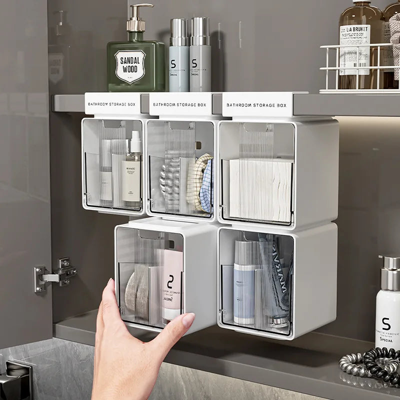 Clear Pull-Out Bathroom Storage Box for Cotton Swabs & Pads - No-Drill Organizer