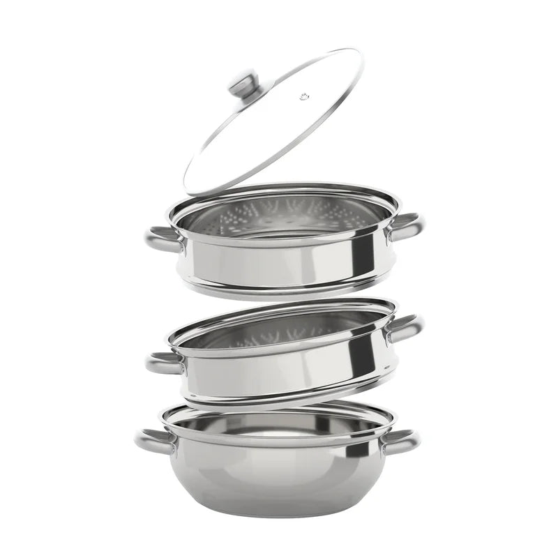 28cm Stainless Steel Multi-Function 3-Tier Steamer Pot for Vegetables Seafood and Soups
