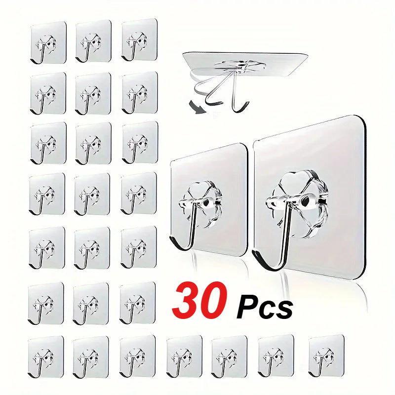 30 Pcs Transparent Self-Adhesive Wall Hooks for Kitchen Bathroom, Traceless Non-Slip Mounts