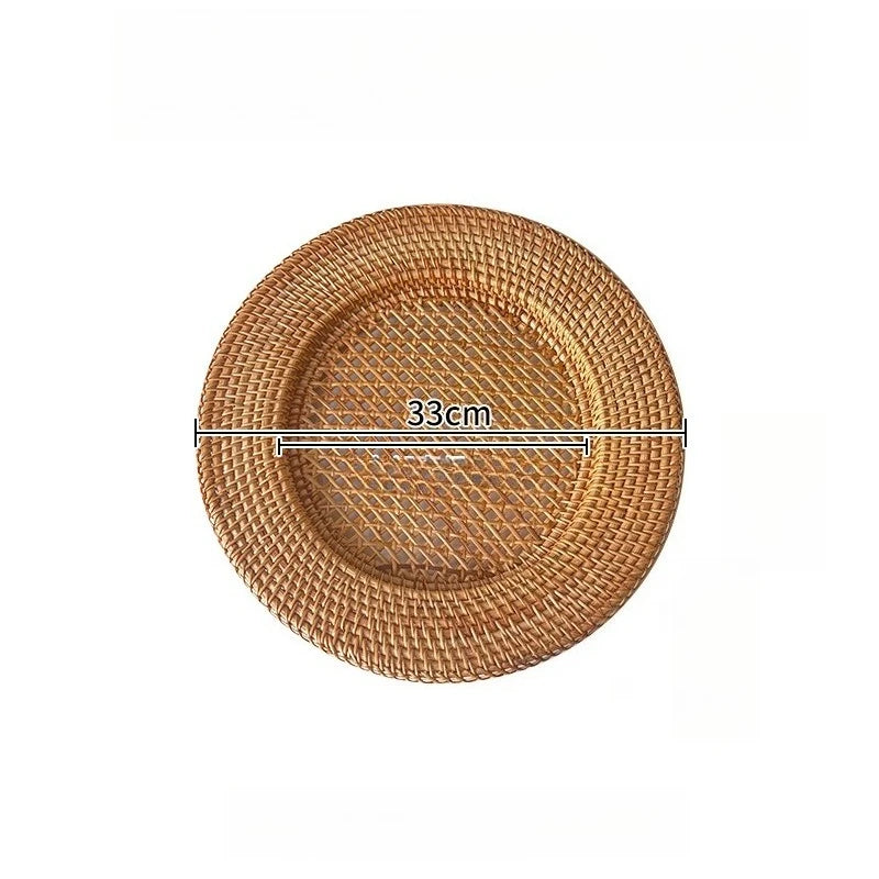 Handmade Rattan Serving Plate - 33cm Round Concave Tray for Home & Dining
