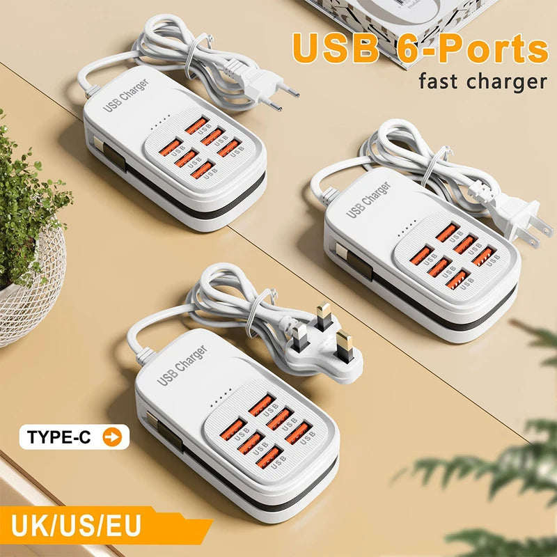6-in-1 USB Charging Station Power Strip with EU/UK/US Plugs — Fast Charging Hub