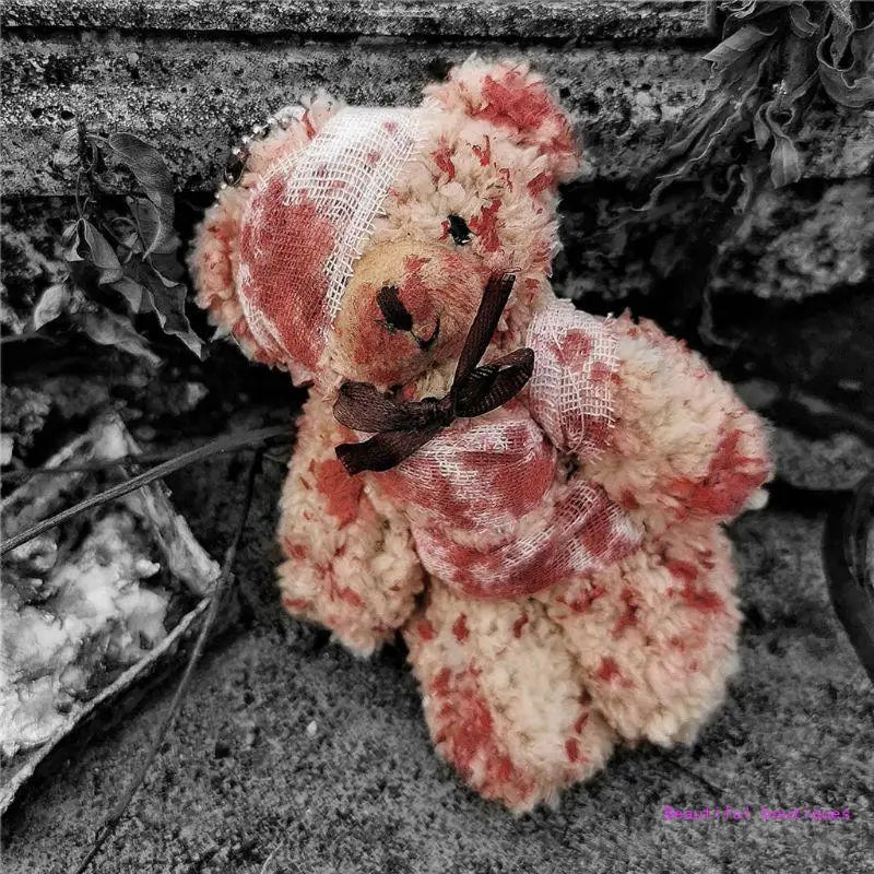 Halloween Bloody Plush Bear Keychain for Bags & Keys - Injured Animal Pendant