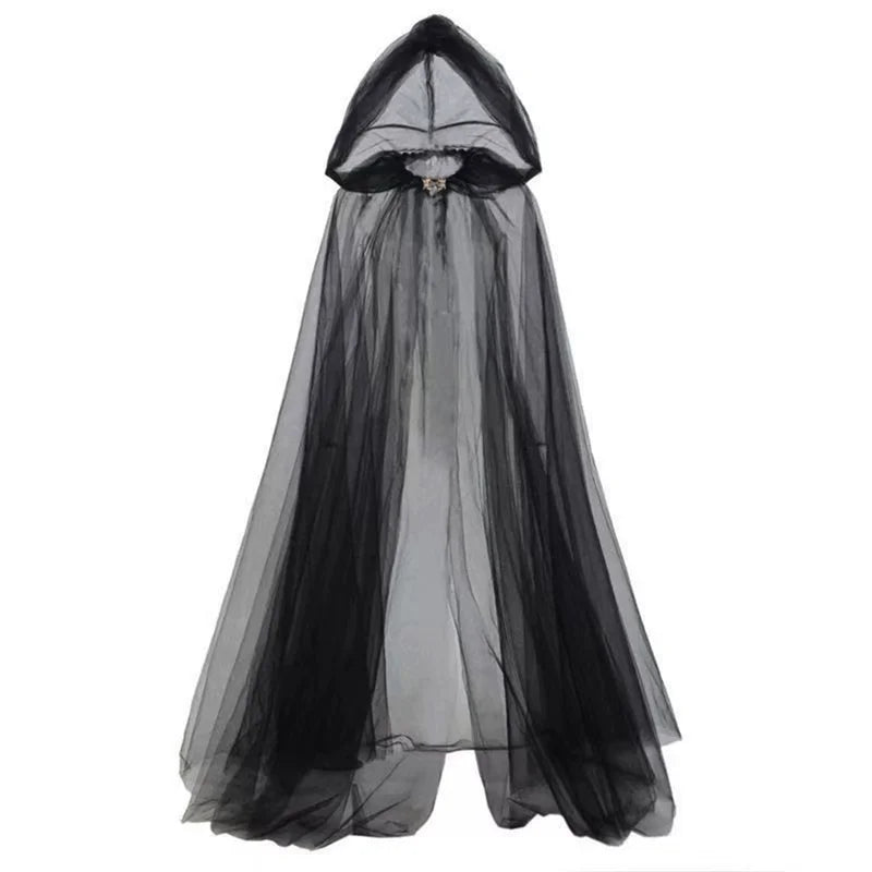Unisex Ghost Costume with Hooded Cloak and Net-Like Dress for Halloween - Multiple Colors
