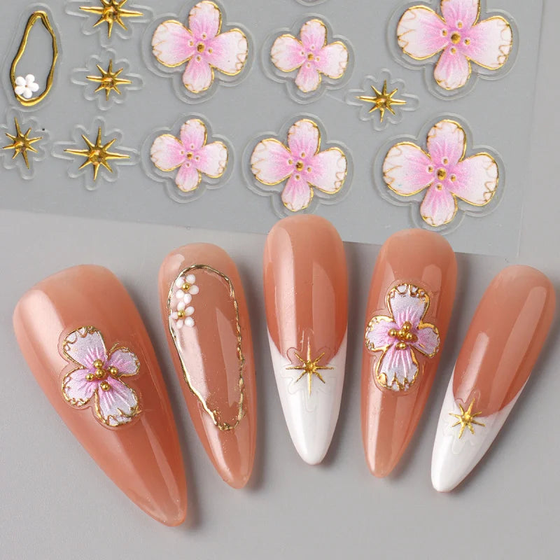 5D Floral Embossed Nail Stickers with Hibiscus Flowers & Star Frames for Spring & Summer Nail Art