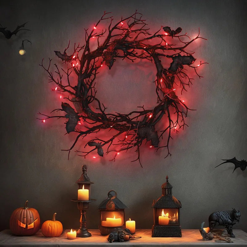 Halloween Artificial Wreath with Bat Design and LED Lights for Front Door Decor