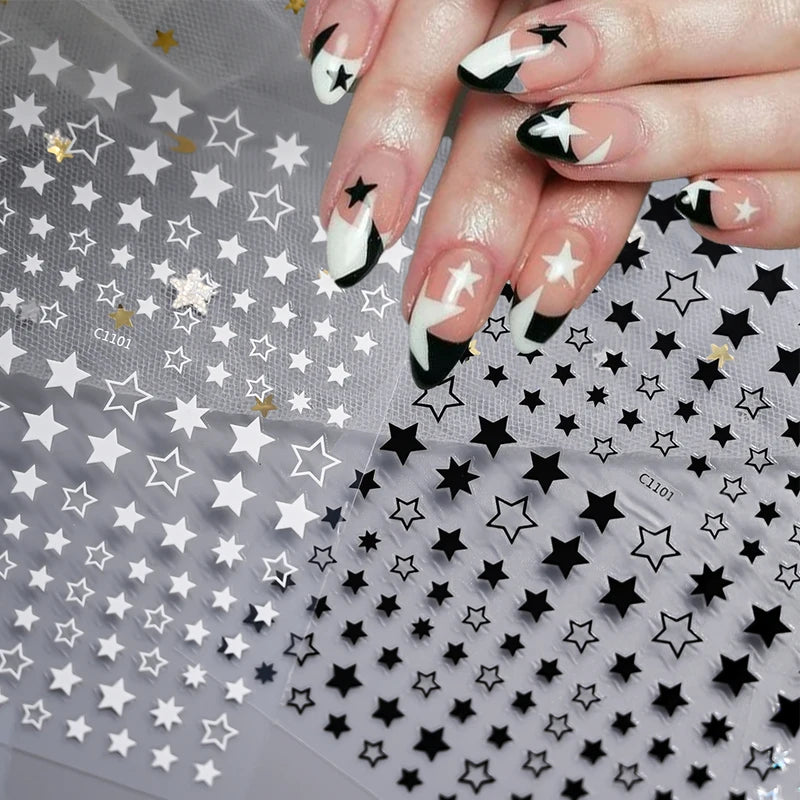 3D Nail Art Sticker Set - Silver Red Star Pentagram Decals for Manicure