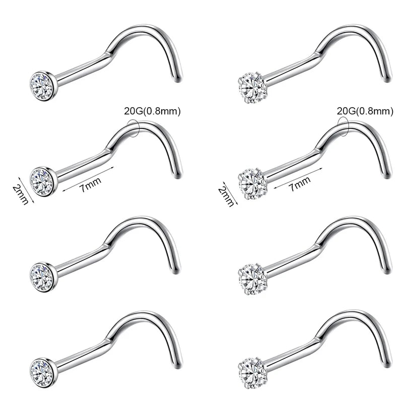 8 Pcs Nose Studs Set - CZ Zircon Gold & Silver Stainless Steel Body Jewelry for Women & Girls 20G