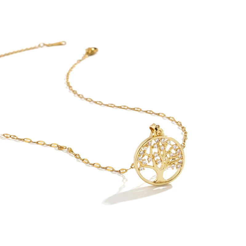 Luxury Rhinestone Tree of Life Pendant Necklace for Women Vintage Stainless Steel Jewelry