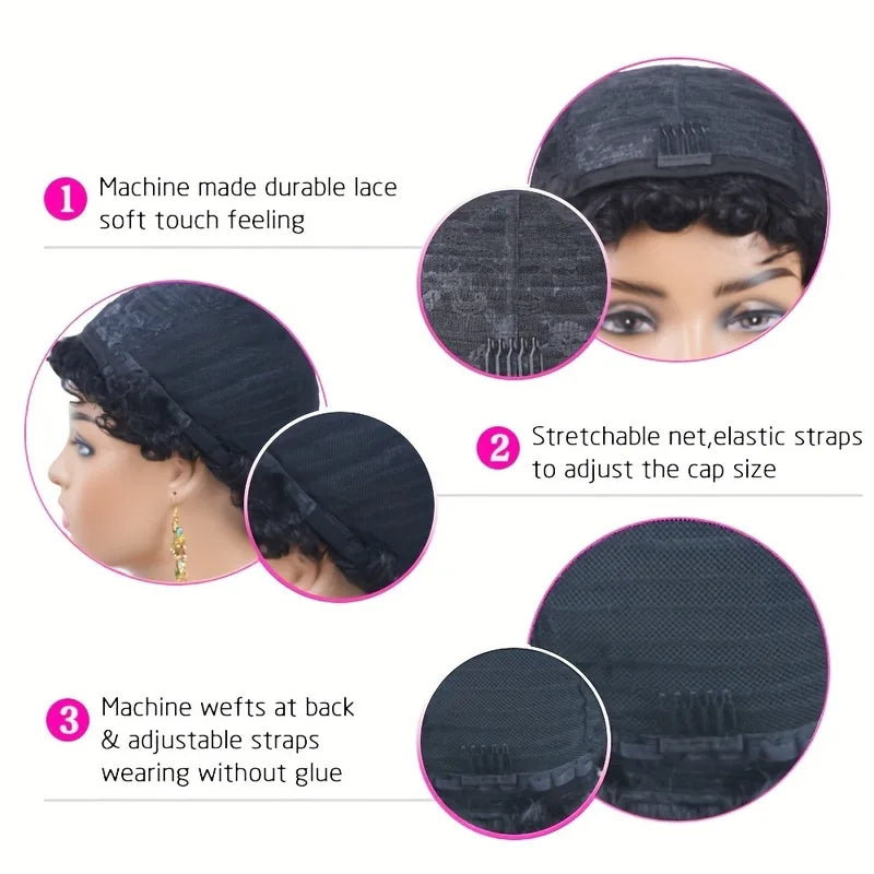 Short Pixie Human Hair Wig for Women Curly Wavy Bob Cut with Bangs