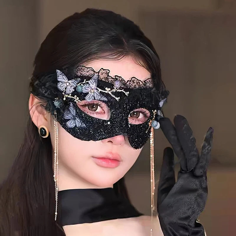 Black Lace Sequin Butterfly Mask with Pearl Tassels - Half-Face Eye Mask for Prom Party Halloween