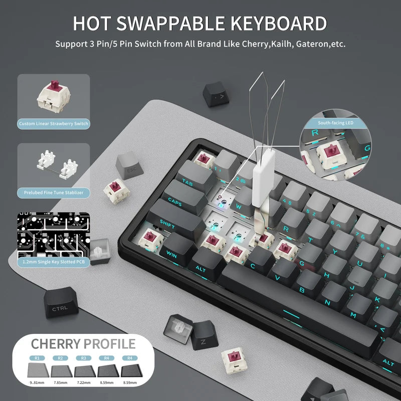 Wireless Mechanical Gaming Keyboard 66 Keys RGB Hot Swap Gasket 60% with Knob