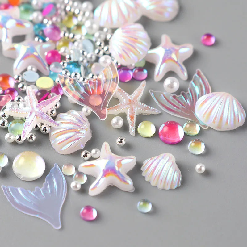 Summer Ocean Nail Charms Set with Shell Starfish Fish Pearl Beads Mermaid Decor for Manicure