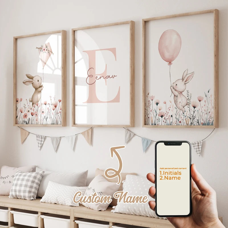 Personalized Cartoon Rabbit Wall Art Canvas Poster for Kids Room Decor