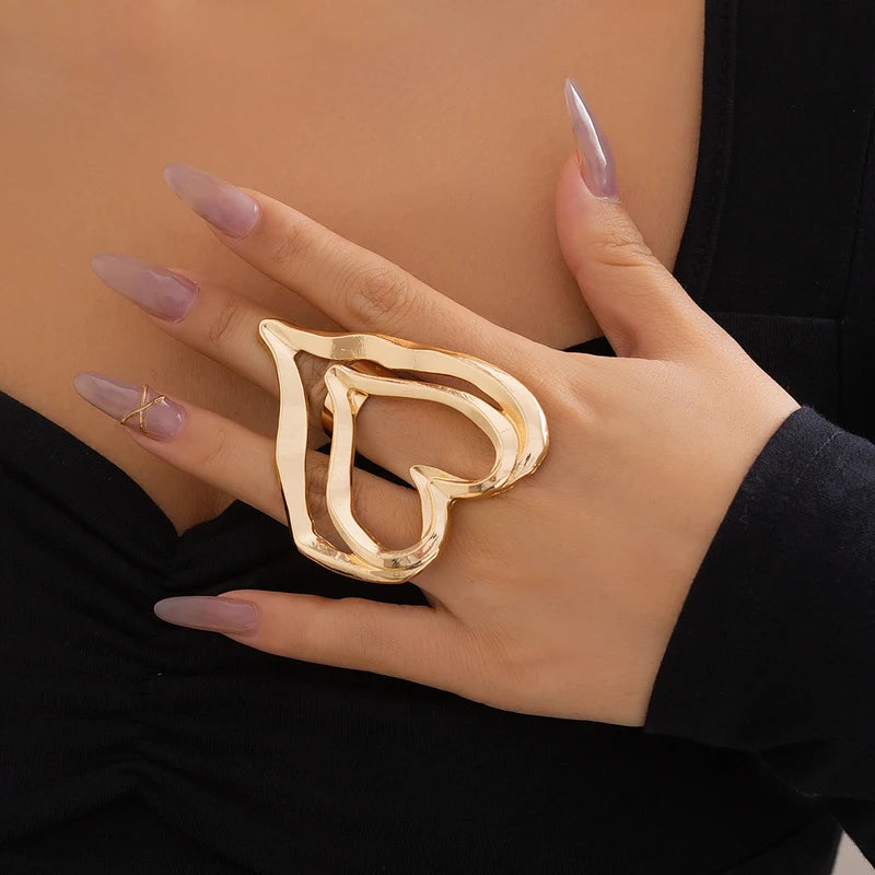 Geometric Double Layer Metal Heart Ring for Women Punk Party Jewelry