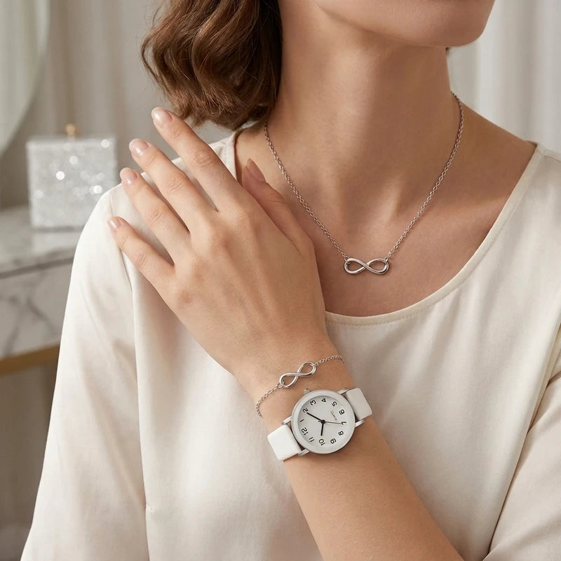 Women’s Fashion Watch Set with Necklace and Bracelet - Leather Strap, Quartz Movement, Multiple Colors