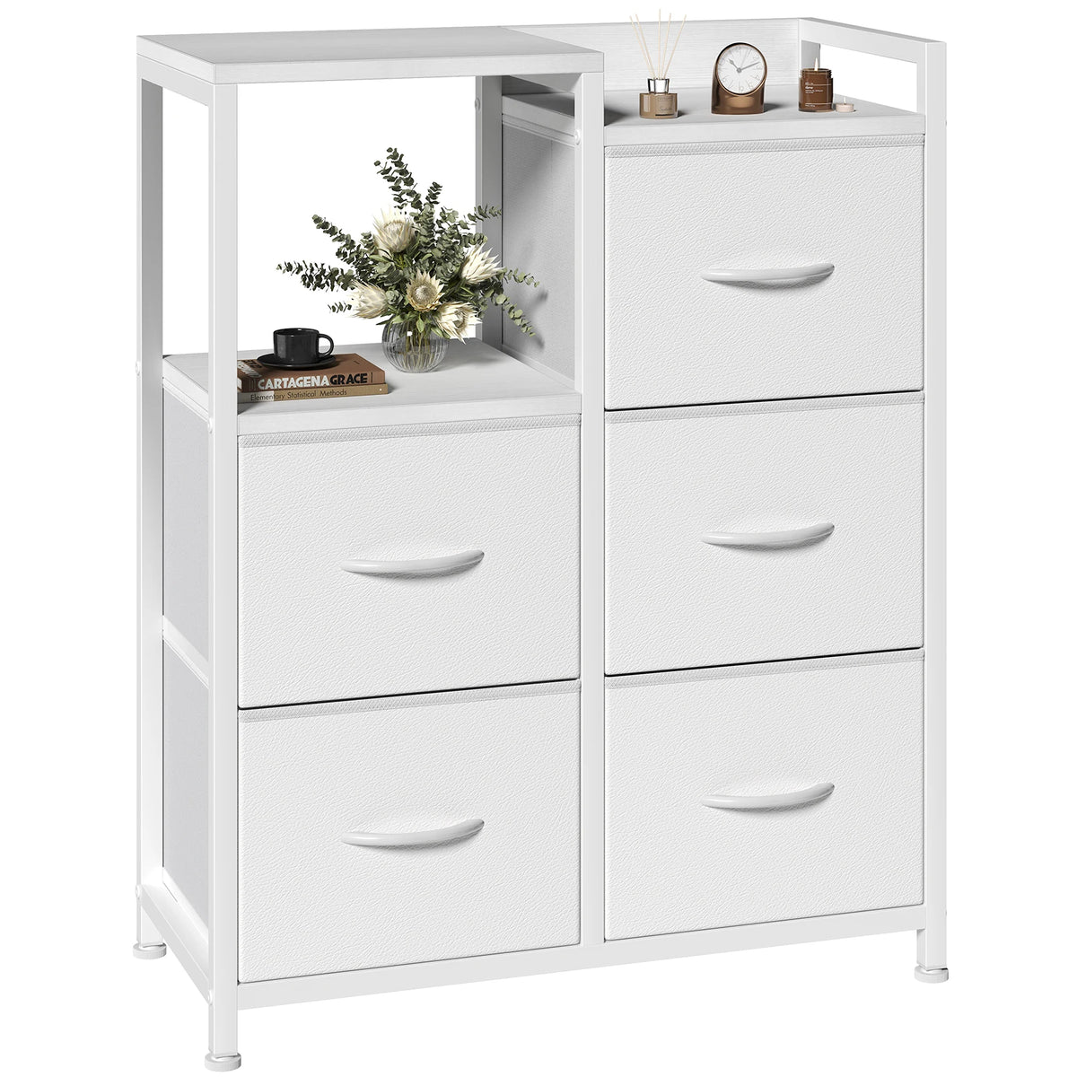 Fabric Drawer Chest with Raised Shelf Metal Frame Storage Tower for Bedroom Closet