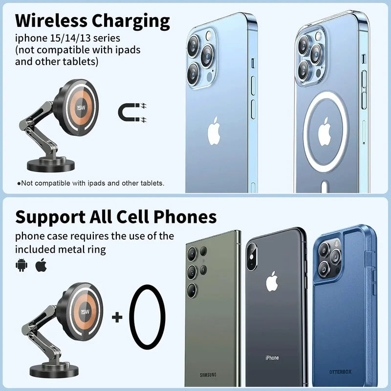 Magnetic Car Phone Holder Wireless Charger 360° Rotation for Smartphones