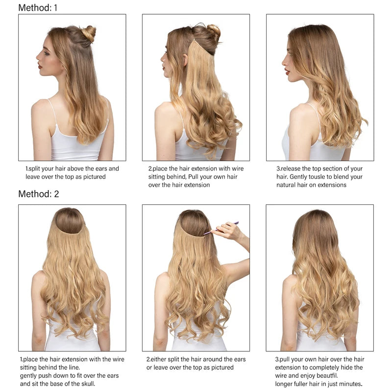 Synthetic Hair Extensions No Clips for Natural Hair - Ombre, Long Wave, Invisible Wire