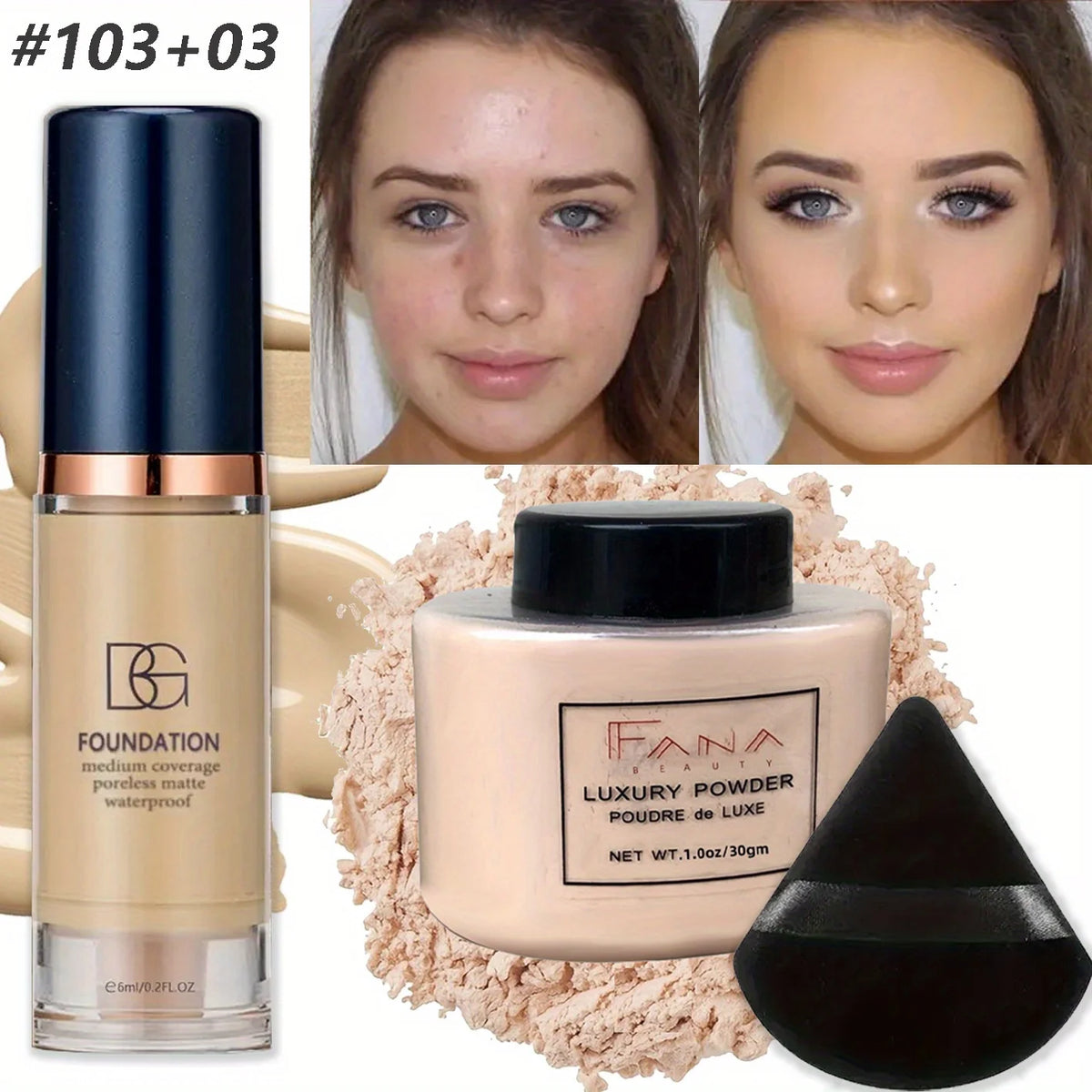 Matte Finish Oil-Control Foundation Powder Set with Puff - Long Lasting, Waterproof, Buildable Covering Dark Circles