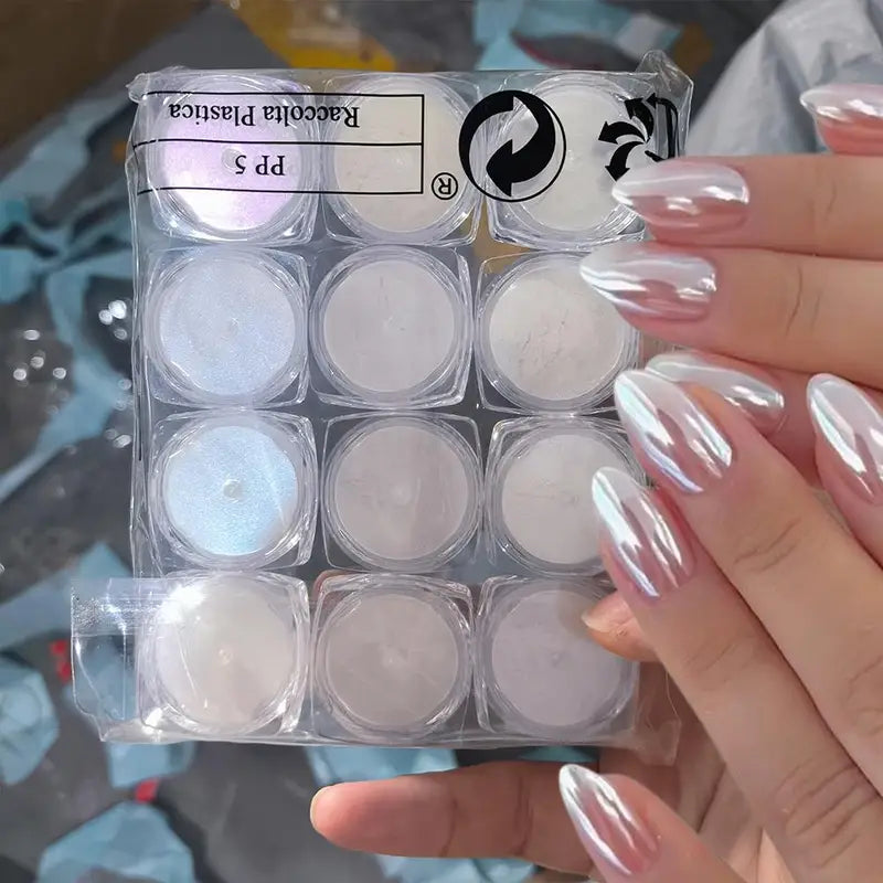 12Pcs Nail Mirror Powder Set - Aurora White Chrome Pigment for UV Gel Manicure