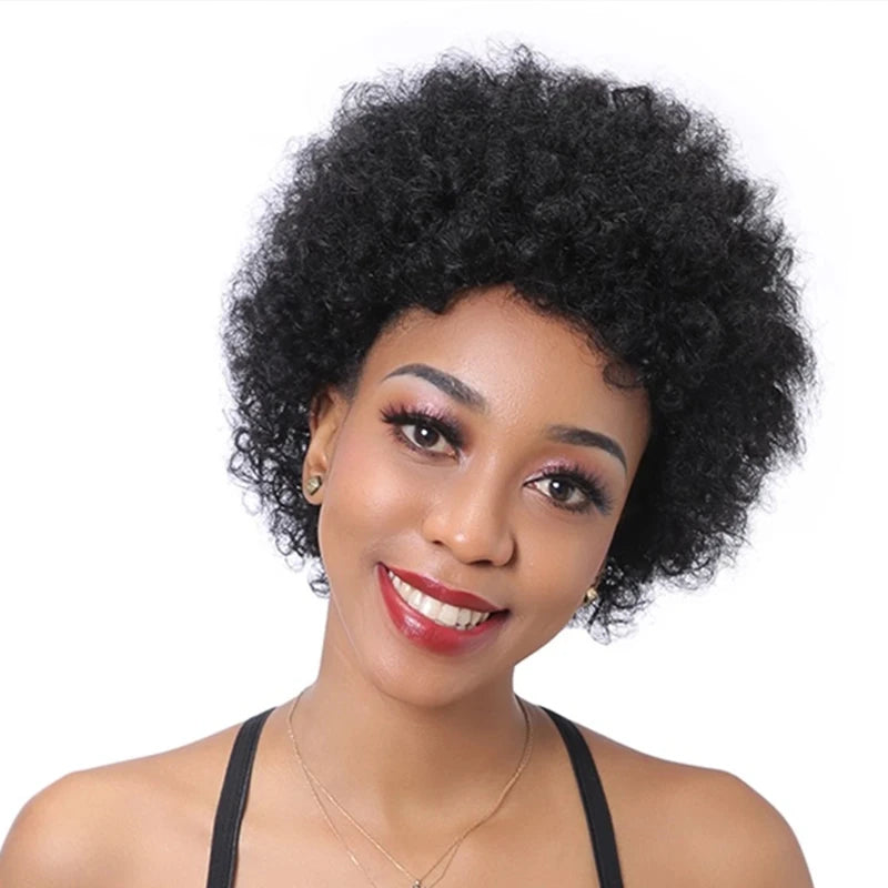 Afro Kinky Curly Wave Wig - 6 Inch Pixie Cut Human Hair Wig for Women, 150% Density