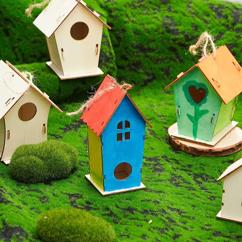 Wooden DIY Bird House Outdoor Hanging Bird Nest Box with Hemp Rope for Painting & Decoration