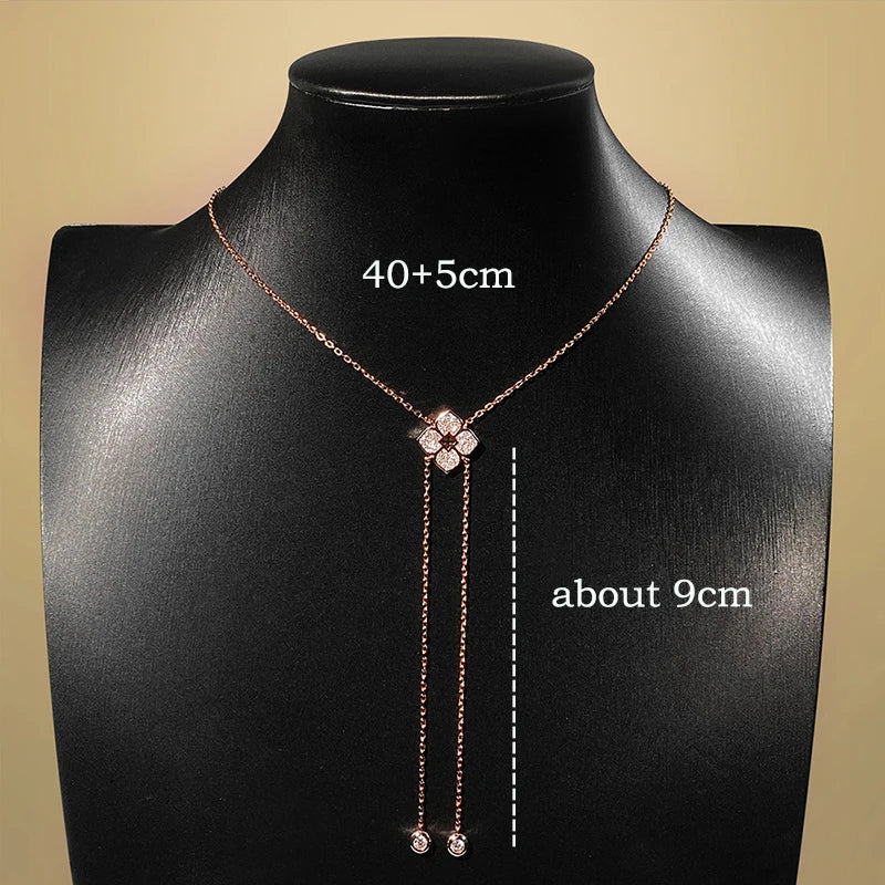Sterling Silver Moissanite Flower Necklace with Long Chain Wedding Jewelry