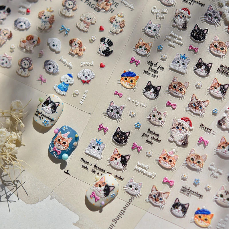 3Pcs Cute Cartoon Nail Art Stickers - Embroidered Kittens, Dogs & Bears