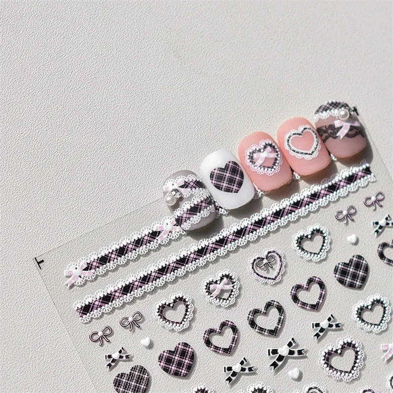 Self-Adhesive Nail Stickers with Pearl Lace Bow & Heart Designs for Manicure