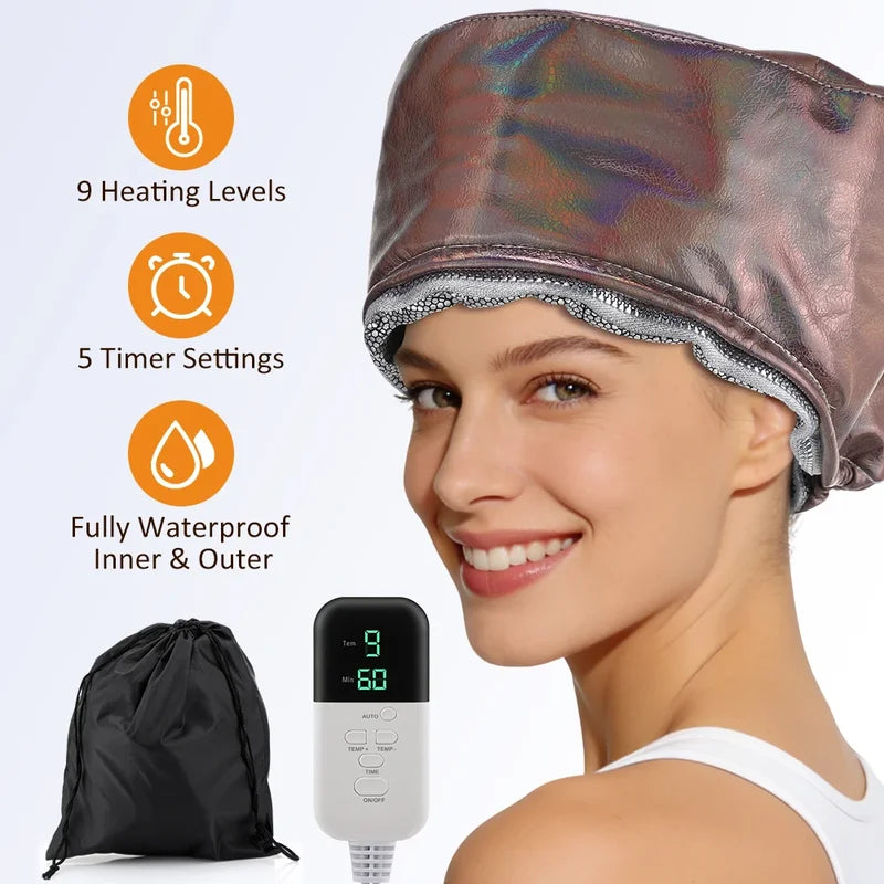 Electric Hair Steamer Cap with Adjustable Temperature & Timer – Waterproof Thermal Heat Cap for Deep Hair Care